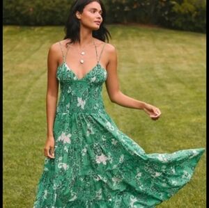 Anthropologie - SMOCKED DROP WAIST Green Dress - XL